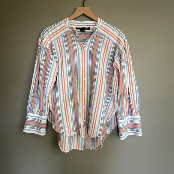 Veronica Beard Grove Striped Shirt Large Button Front Lightweight Gauzy Cotton - Picture 2 of 16